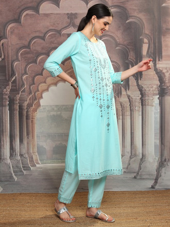 Vishudh Women Blue Embroidered Kurta With Trouser And Dupatta - Blue - Image 6