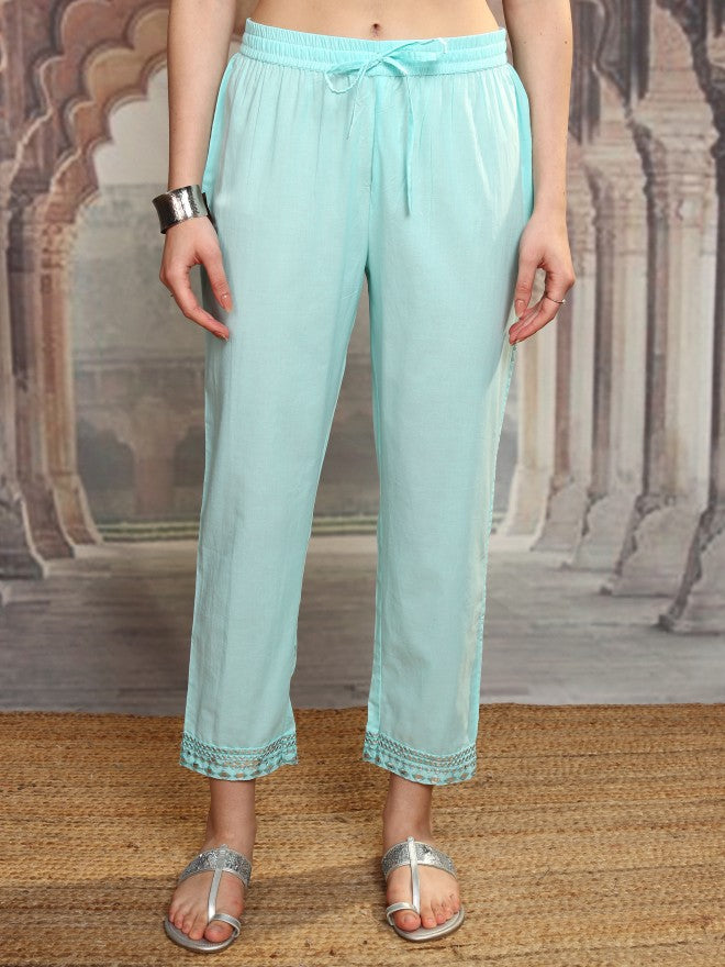 Vishudh Women Blue Embroidered Kurta With Trouser And Dupatta - Blue - Image 8