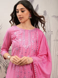Vishudh Women Pink Embroidered Kurta With Trouser And Dupatta - Pink - Image 1