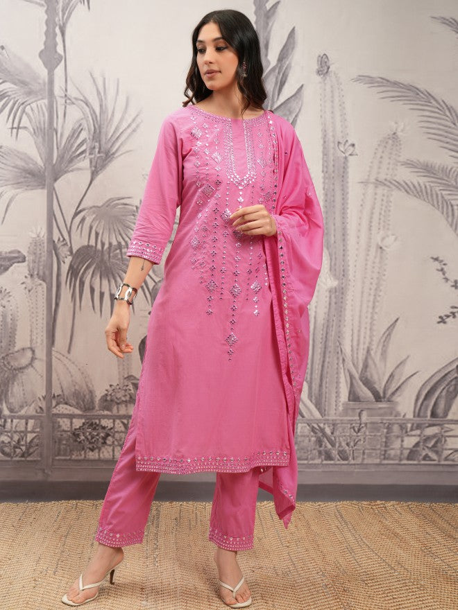 Vishudh Women Pink Embroidered Kurta With Trouser And Dupatta - Pink - Image 2