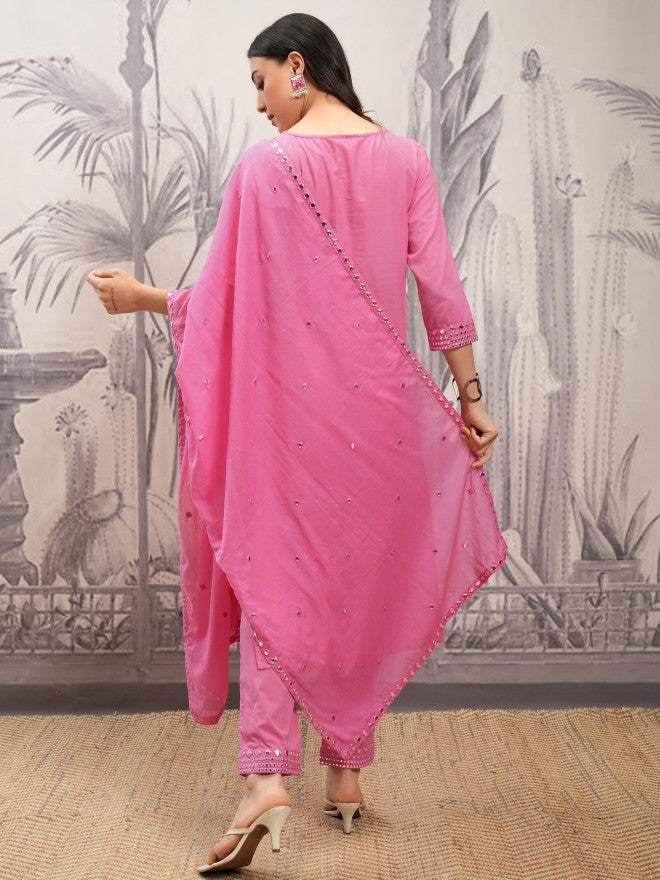 Vishudh Women Pink Embroidered Kurta With Trouser And Dupatta - Pink - Image 3