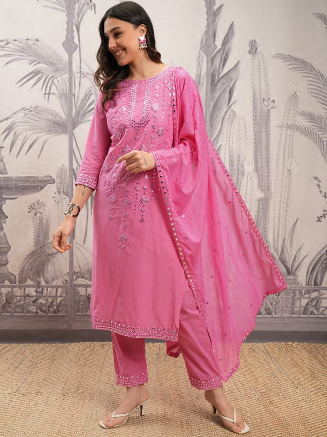 Vishudh Women Pink Embroidered Kurta With Trouser And Dupatta - Pink - Image 4