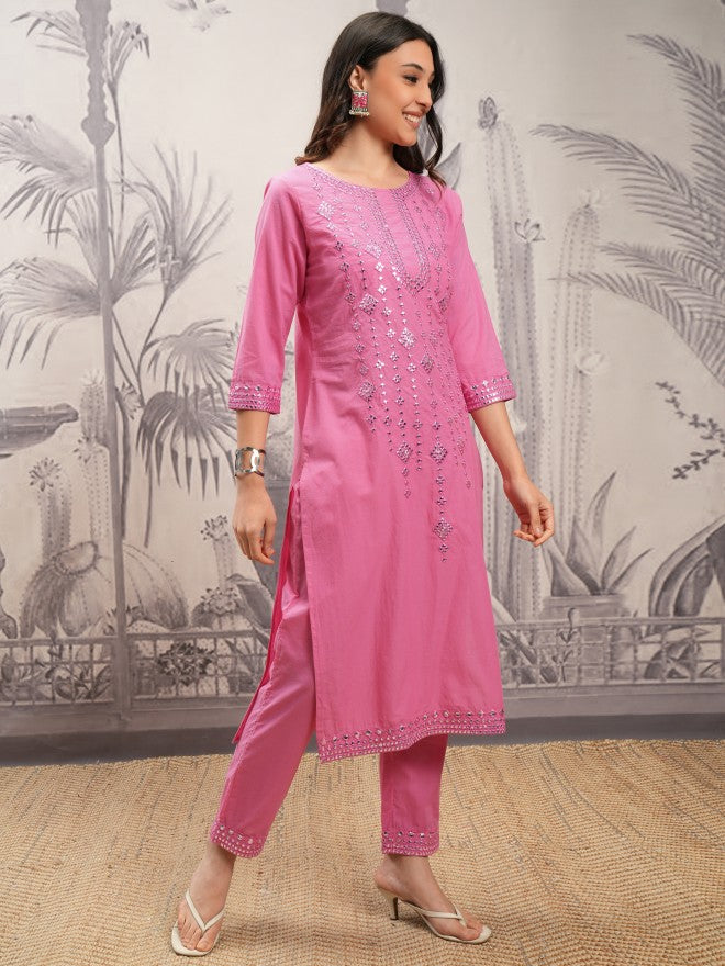 Vishudh Women Pink Embroidered Kurta With Trouser And Dupatta - Pink - Image 6