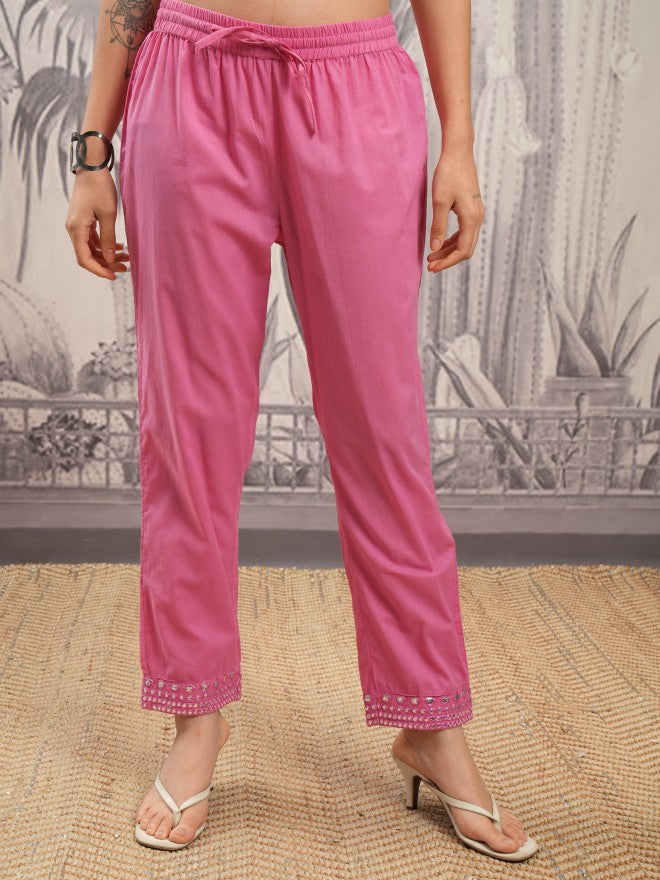 Vishudh Women Pink Embroidered Kurta With Trouser And Dupatta - Pink - Image 8