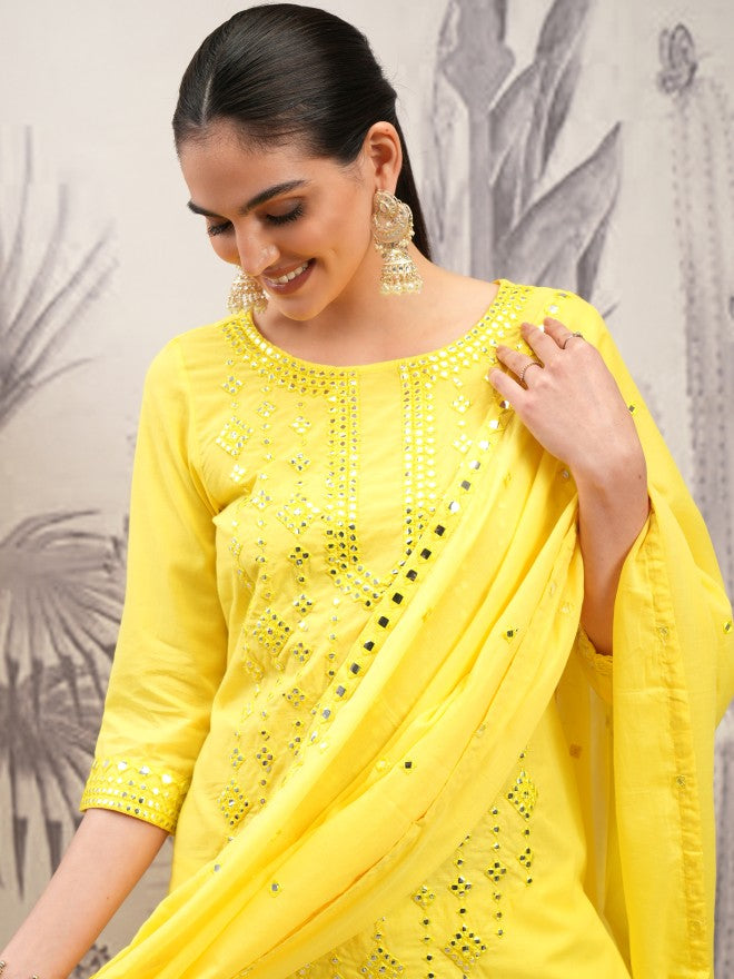 Vishudh Women Yellow Embroidered Kurta With Trouser And Dupatta - Yellow - Image 1