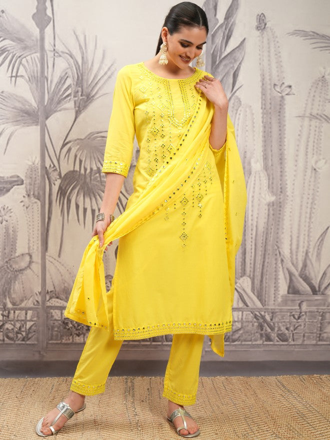 Vishudh Women Yellow Embroidered Kurta With Trouser And Dupatta - Yellow - Image 2