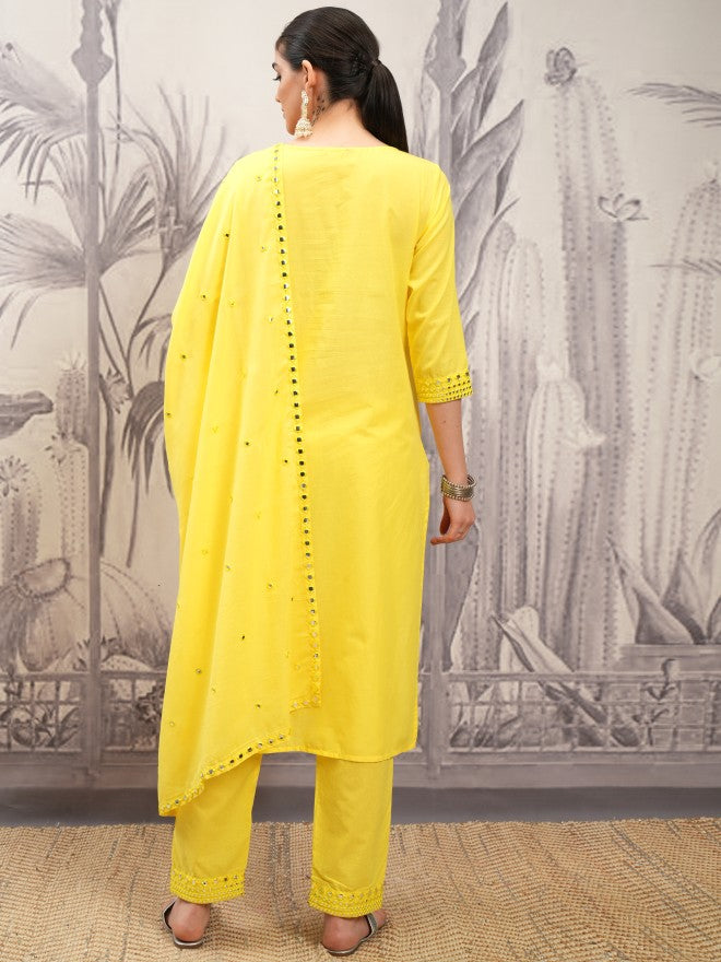 Vishudh Women Yellow Embroidered Kurta With Trouser And Dupatta - Yellow - Image 3