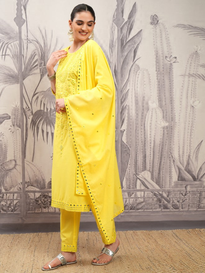 Vishudh Women Yellow Embroidered Kurta With Trouser And Dupatta - Yellow - Image 4