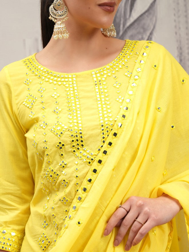 Vishudh Women Yellow Embroidered Kurta With Trouser And Dupatta - Yellow - Image 5