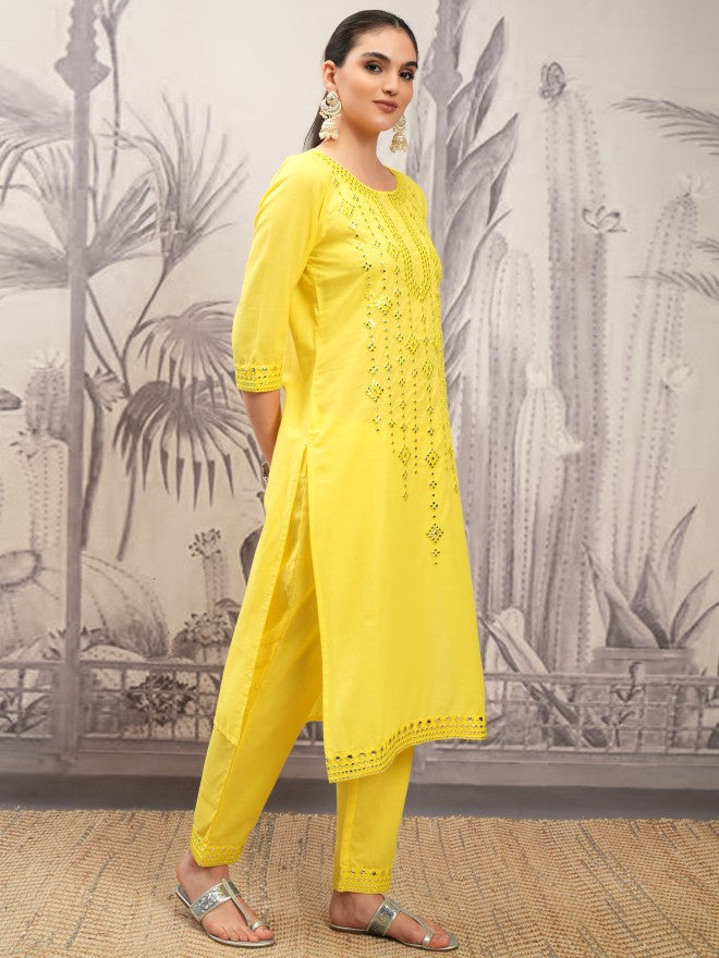 Vishudh Women Yellow Embroidered Kurta With Trouser And Dupatta - Yellow - Image 6