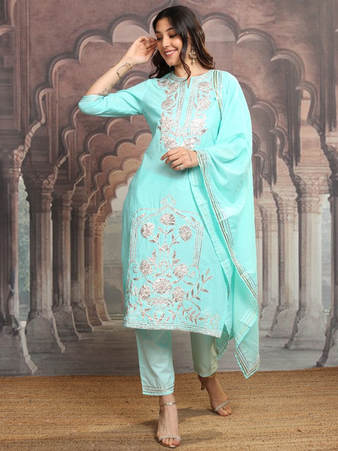 Vishudh Women Turquoise Blue Printed Kurta With Trousers And Dupatta - Turquoise Blue - Image 2