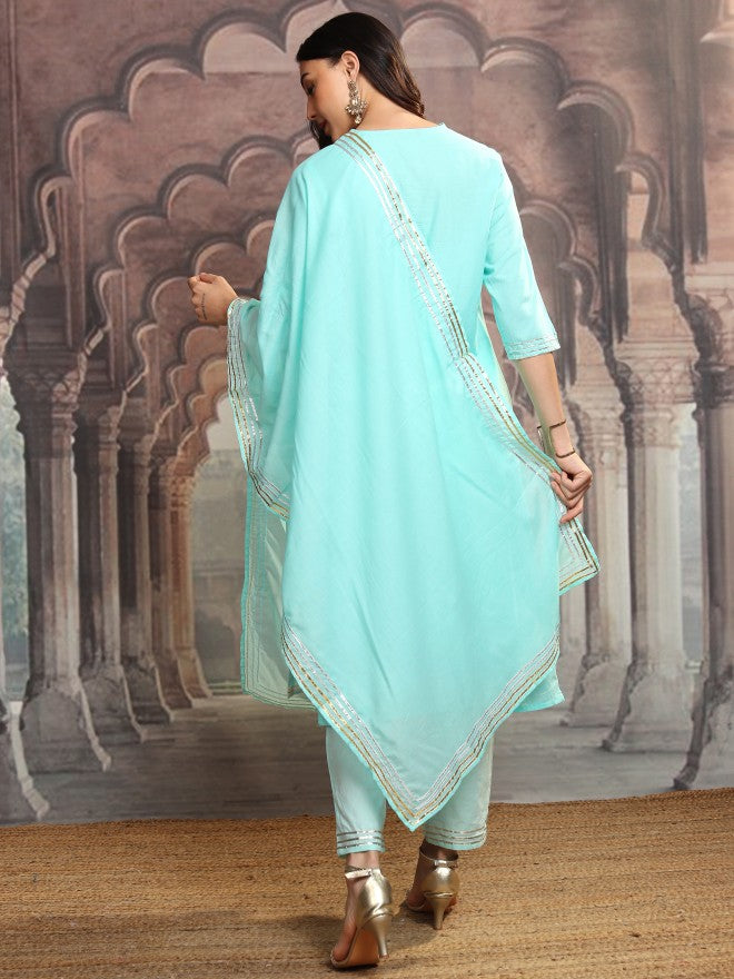 Vishudh Women Turquoise Blue Printed Kurta With Trousers And Dupatta - Turquoise Blue - Image 3