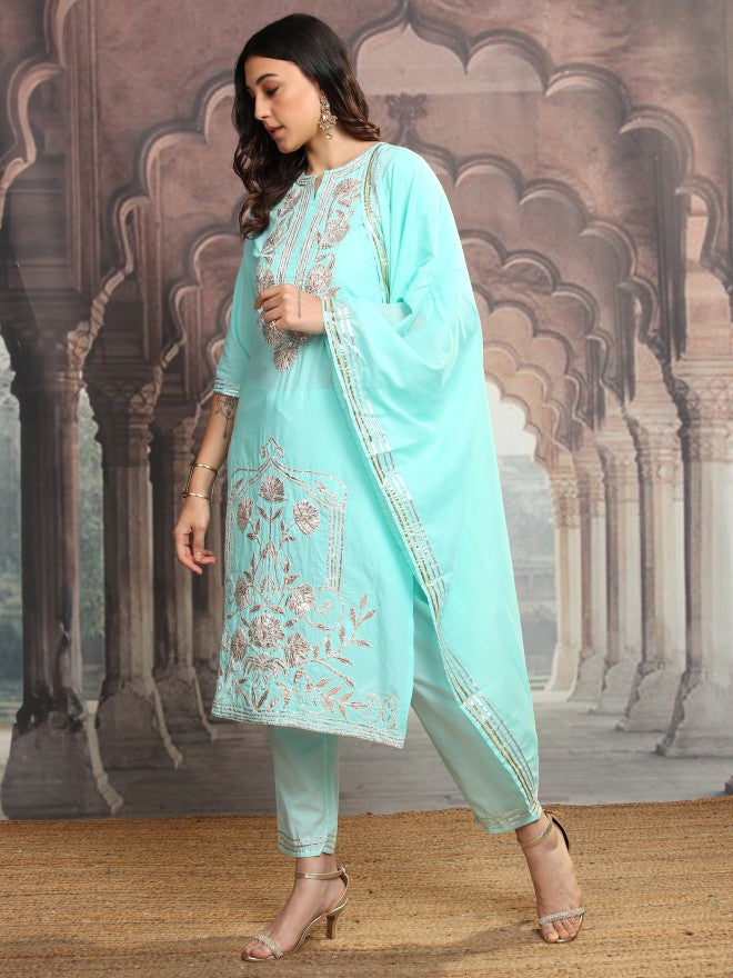 Vishudh Women Turquoise Blue Printed Kurta With Trousers And Dupatta - Turquoise Blue - Image 4