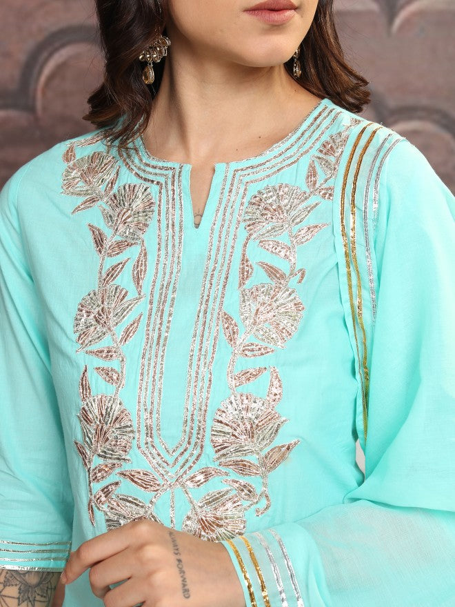 Vishudh Women Turquoise Blue Printed Kurta With Trousers And Dupatta - Turquoise Blue - Image 5