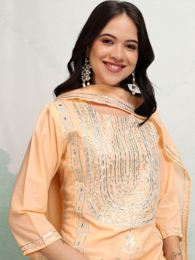 Vishudh Women Peach Embroidered Kurta With Trouser And Dupatta - Peach - Image 1