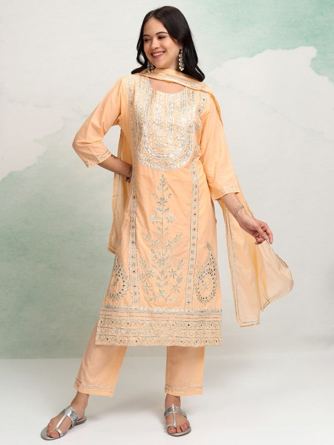 Vishudh Women Peach Embroidered Kurta With Trouser And Dupatta - Peach - Image 2