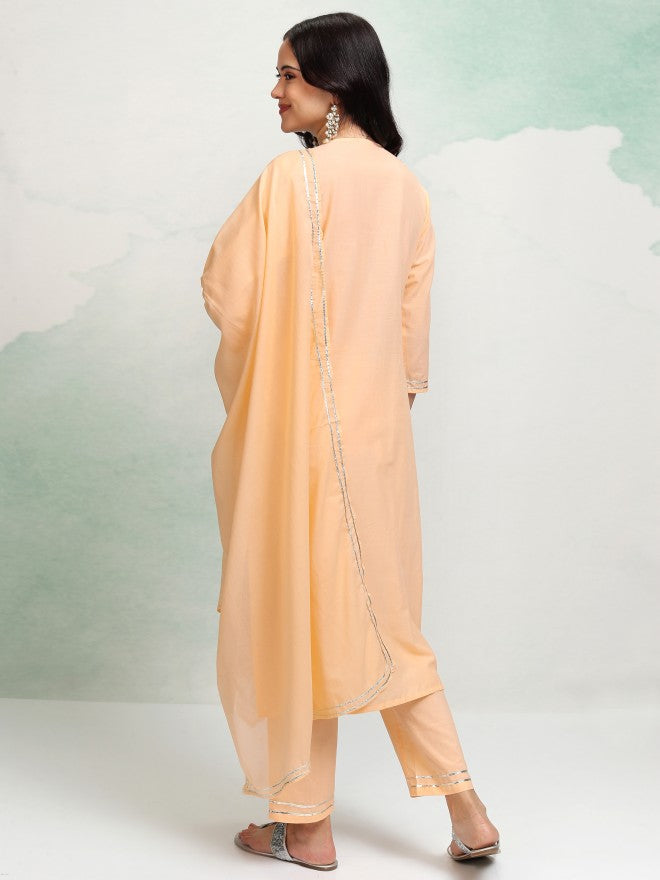 Vishudh Women Peach Embroidered Kurta With Trouser And Dupatta - Peach - Image 3