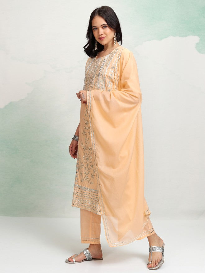 Vishudh Women Peach Embroidered Kurta With Trouser And Dupatta - Peach - Image 4