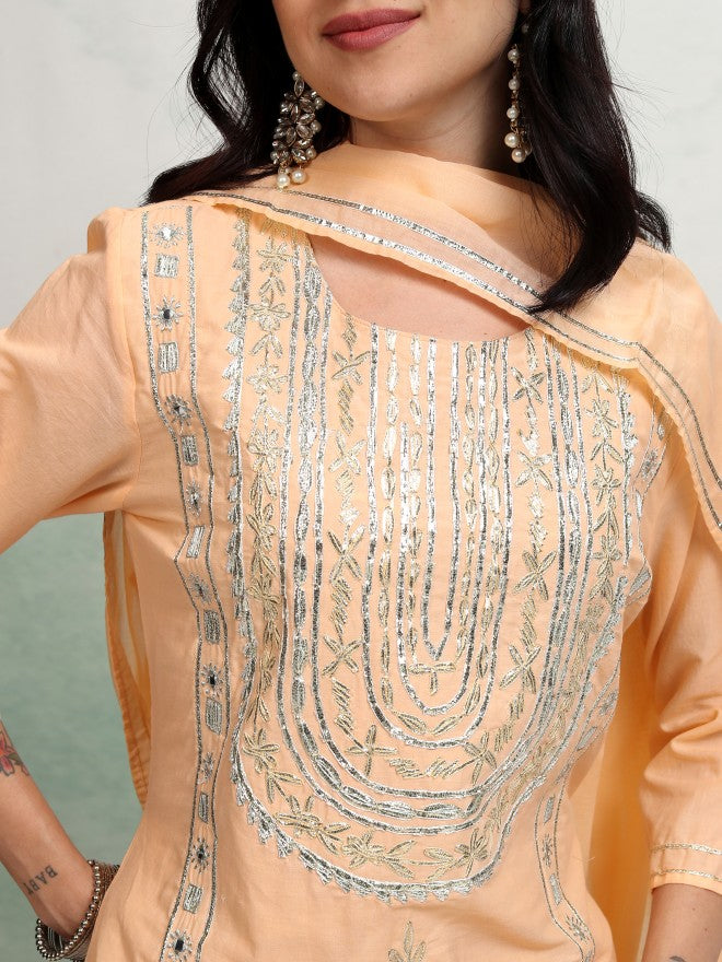 Vishudh Women Peach Embroidered Kurta With Trouser And Dupatta - Peach - Image 5