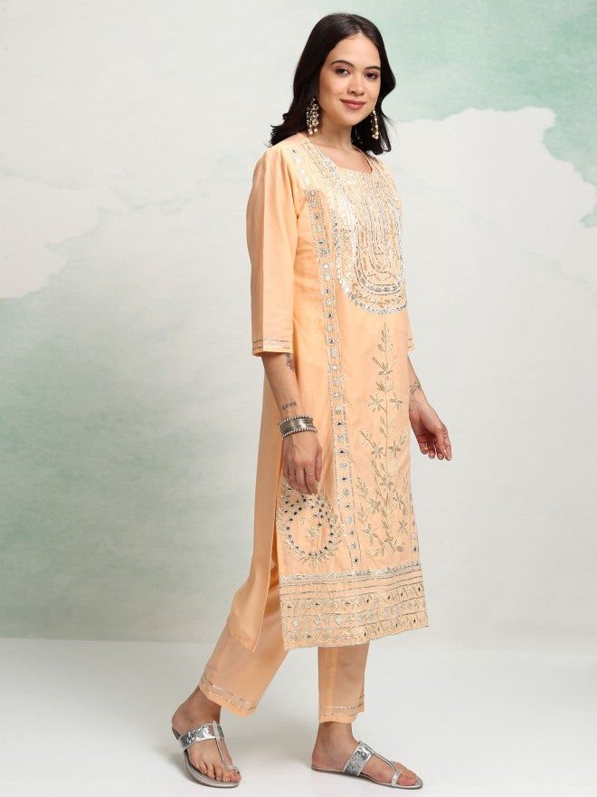 Vishudh Women Peach Embroidered Kurta With Trouser And Dupatta - Peach - Image 6