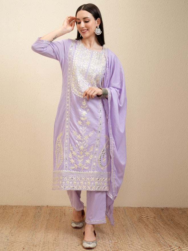 Vishudh Women Lavender Embroidered Kurta With Trouser And Dupatta - Lavender - Image 1