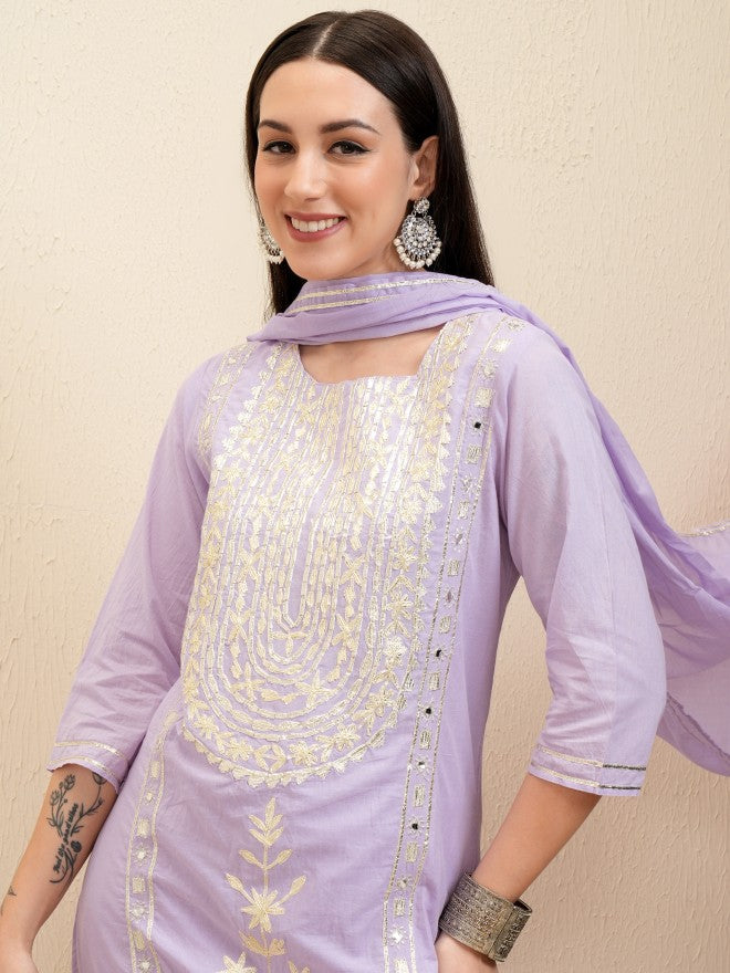 Vishudh Women Lavender Embroidered Kurta With Trouser And Dupatta - Lavender - Image 2