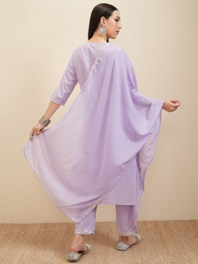 Vishudh Women Lavender Embroidered Kurta With Trouser And Dupatta - Lavender - Image 3