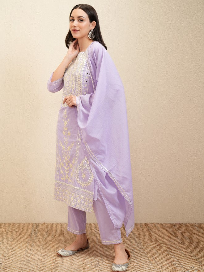 Vishudh Women Lavender Embroidered Kurta With Trouser And Dupatta - Lavender - Image 4