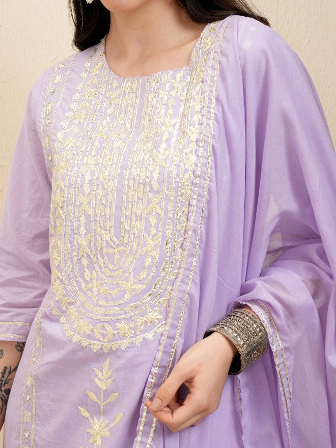 Vishudh Women Lavender Embroidered Kurta With Trouser And Dupatta - Lavender - Image 5