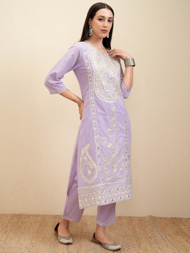 Vishudh Women Lavender Embroidered Kurta With Trouser And Dupatta - Lavender - Image 6