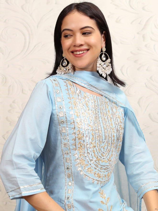 Vishudh Women Blue Embroidered Kurta With Trouser And Dupatta - Blue - Image 1