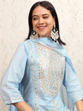 Vishudh Women Blue Embroidered Kurta With Trouser And Dupatta - Blue - Image 1
