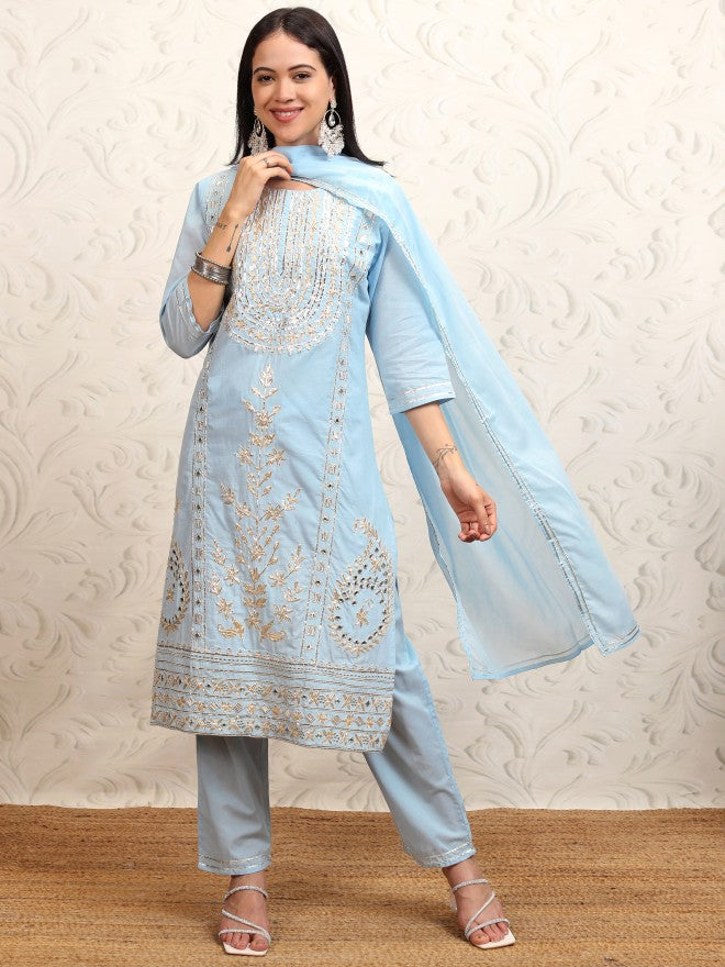 Vishudh Women Blue Embroidered Kurta With Trouser And Dupatta - Blue - Image 2