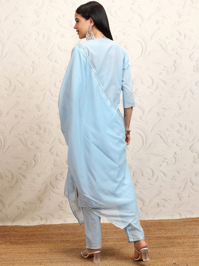Vishudh Women Blue Embroidered Kurta With Trouser And Dupatta - Blue - Image 3