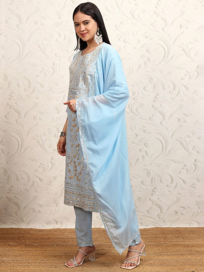 Vishudh Women Blue Embroidered Kurta With Trouser And Dupatta - Blue - Image 4