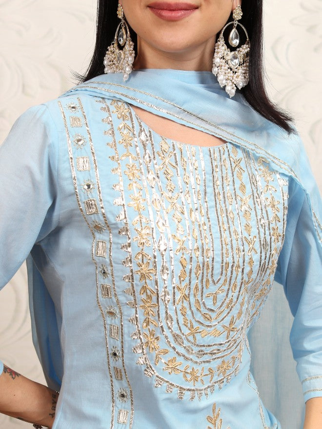 Vishudh Women Blue Embroidered Kurta With Trouser And Dupatta - Blue - Image 5