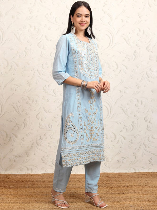 Vishudh Women Blue Embroidered Kurta With Trouser And Dupatta - Blue - Image 6