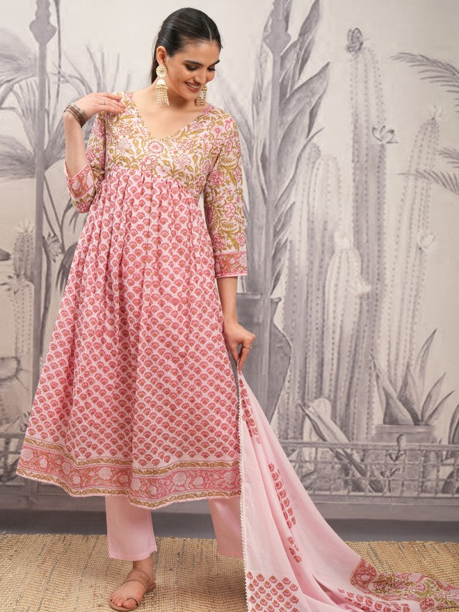 Vishudh Women Pink Printed Kurta With Trouser And Dupatta - Pink - Image 1