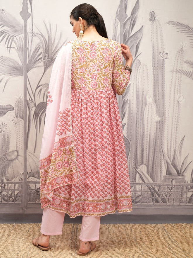 Vishudh Women Pink Printed Kurta With Trouser And Dupatta - Pink - Image 3