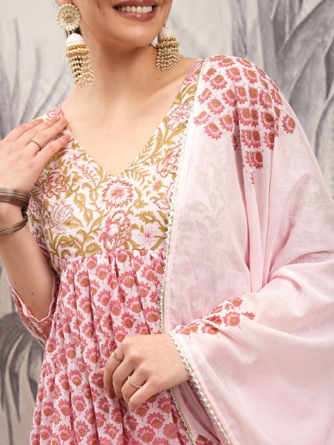 Vishudh Women Pink Printed Kurta With Trouser And Dupatta - Pink - Image 5