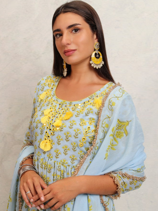 Vishudh Women Blue Printed Kurta With Trouser And Dupatta - Blue - Image 1