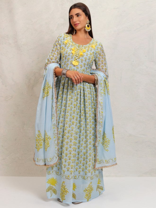 Vishudh Women Blue Printed Kurta With Trouser And Dupatta - Blue - Image 2