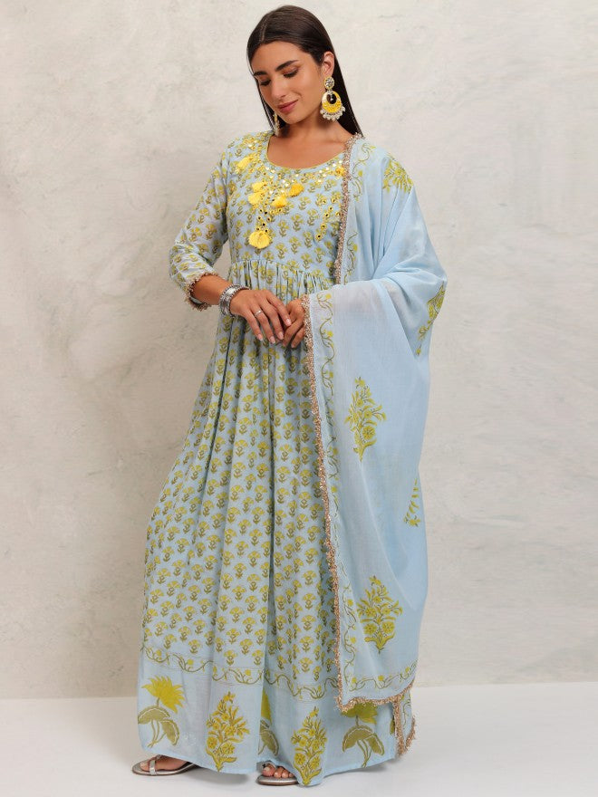 Vishudh Women Blue Printed Kurta With Trouser And Dupatta - Blue - Image 4