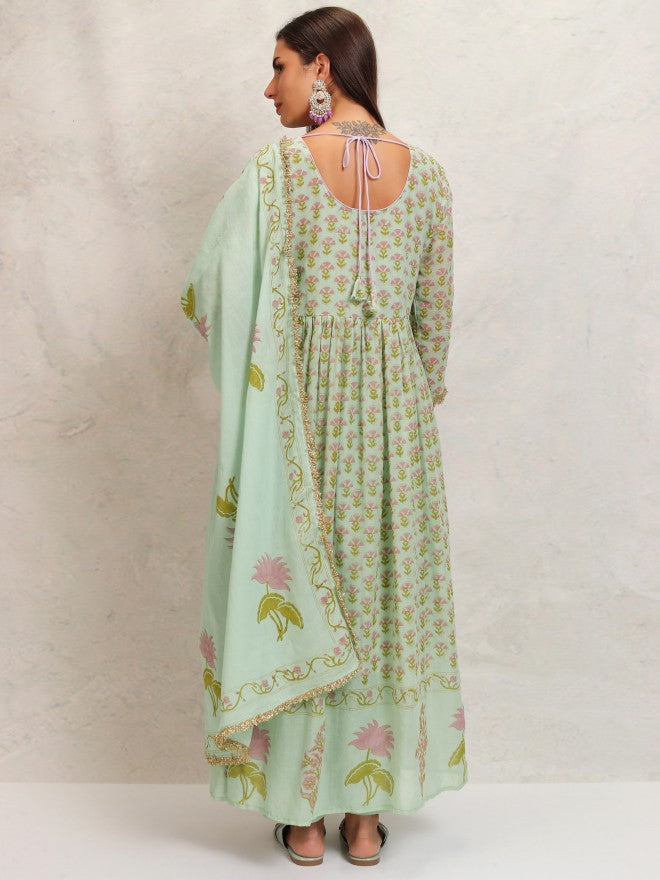 Vishudh Women Green Printed Kurta With Trouser And Dupatta - Green - Image 3