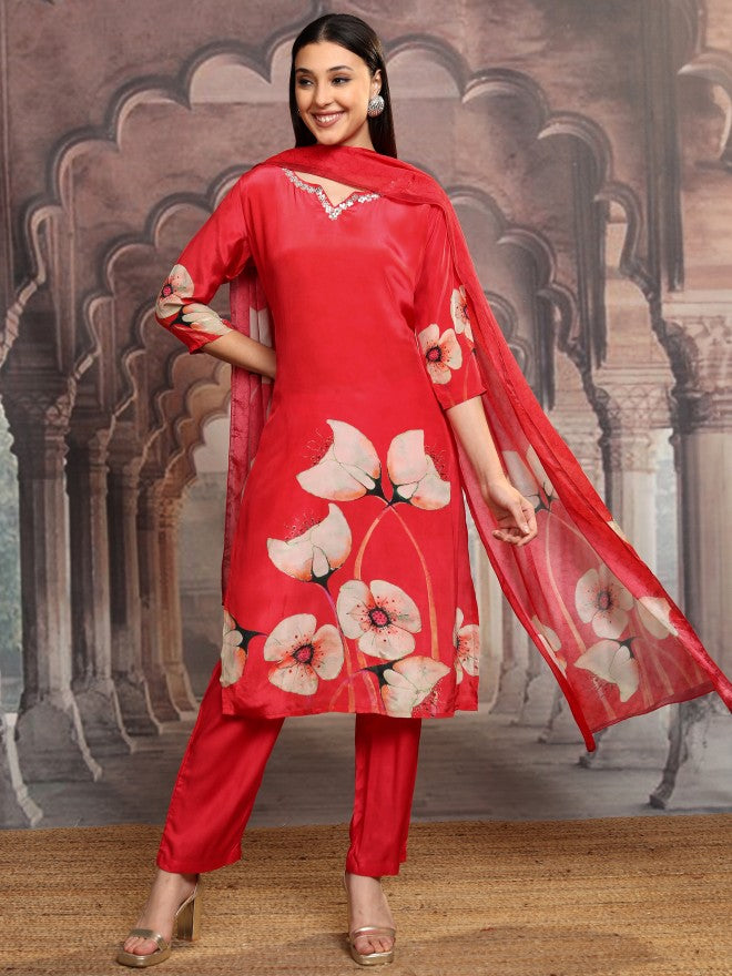 Vishudh Women Red Printed Kurta With Trouser And Dupatta - Red - Image 2