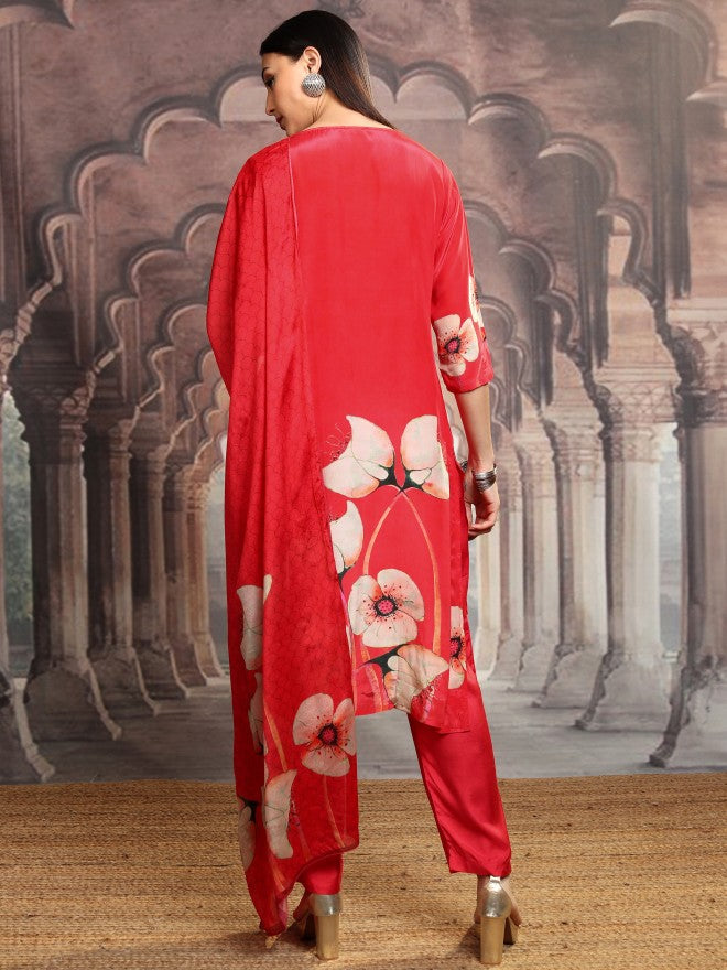 Vishudh Women Red Printed Kurta With Trouser And Dupatta - Red - Image 3