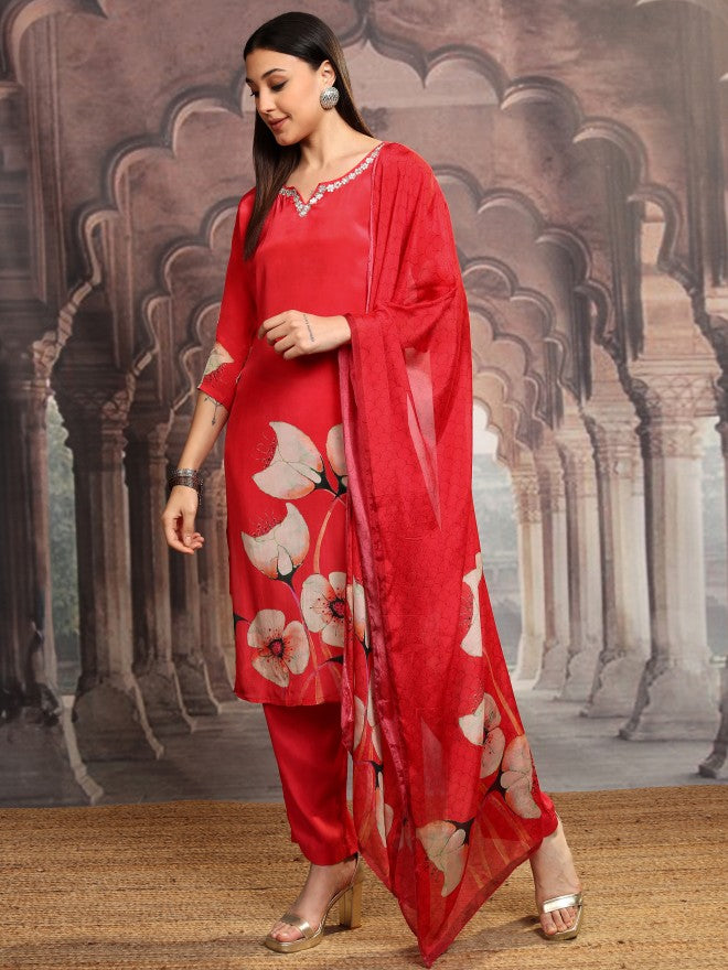Vishudh Women Red Printed Kurta With Trouser And Dupatta - Red - Image 4