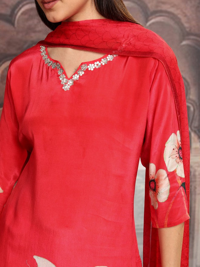 Vishudh Women Red Printed Kurta With Trouser And Dupatta - Red - Image 5