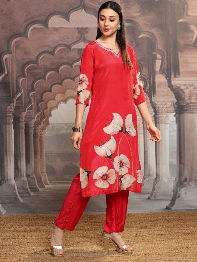Vishudh Women Red Printed Kurta With Trouser And Dupatta - Red - Image 6