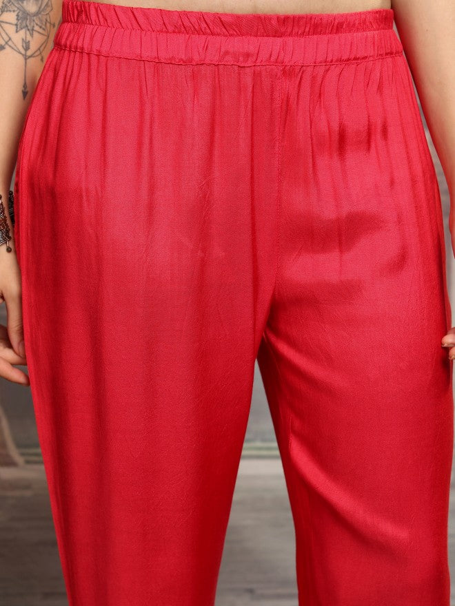 Vishudh Women Red Printed Kurta With Trouser And Dupatta - Red - Image 7